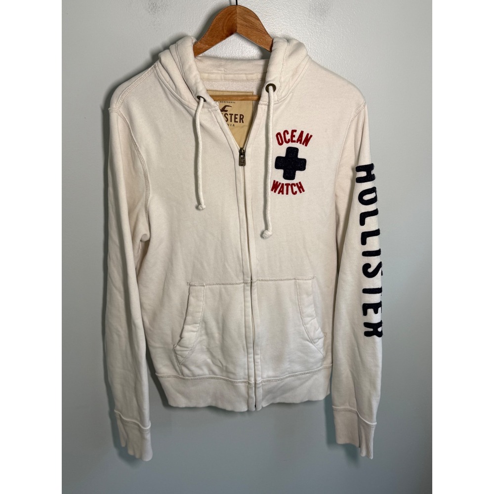 Hollister Mens Full Zip Hoodie Cream Ocean Watch Graphic Sweatshirt Size M